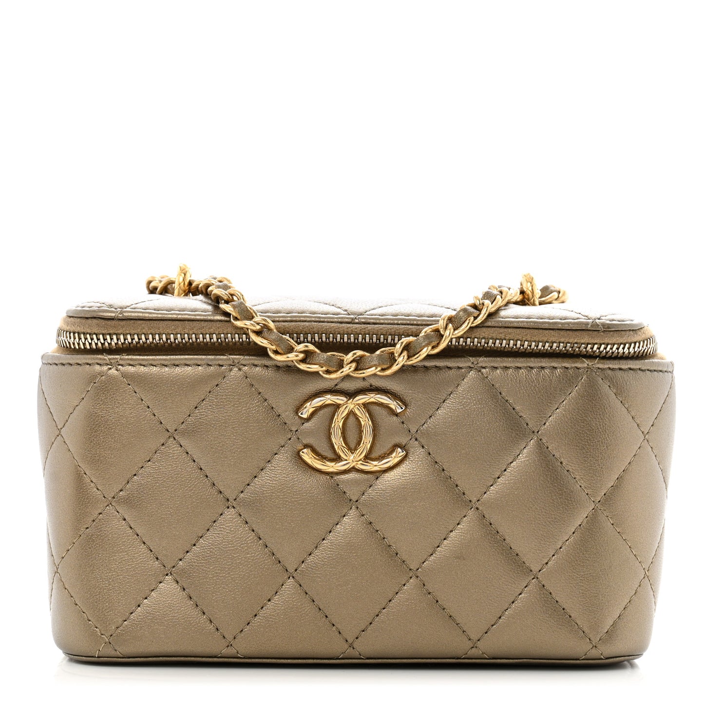 Metallic Lambskin Quilted Small CC Vanity Case With Chain Gold Gold