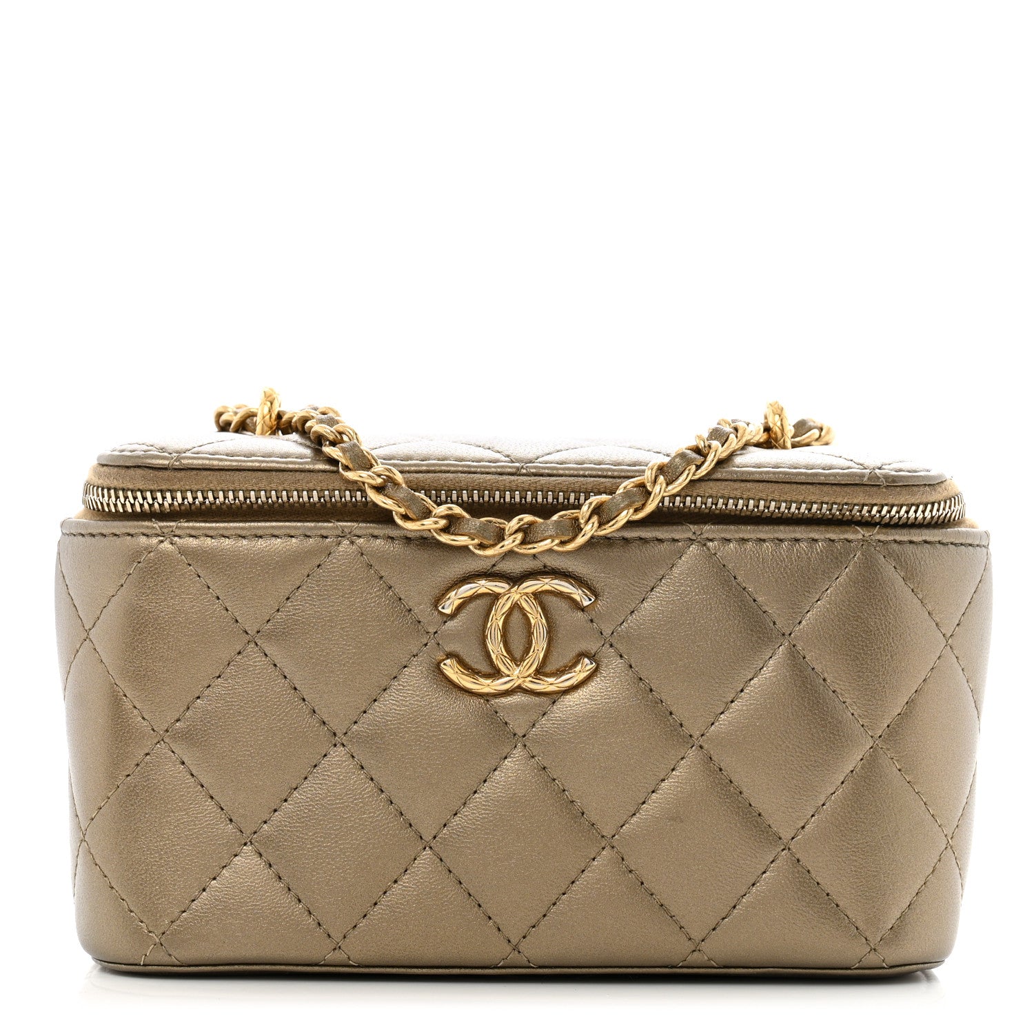 Chanel Metallic Lambskin Quilted Small CC Vanity Case With Chain Gold Gold 1 of 14