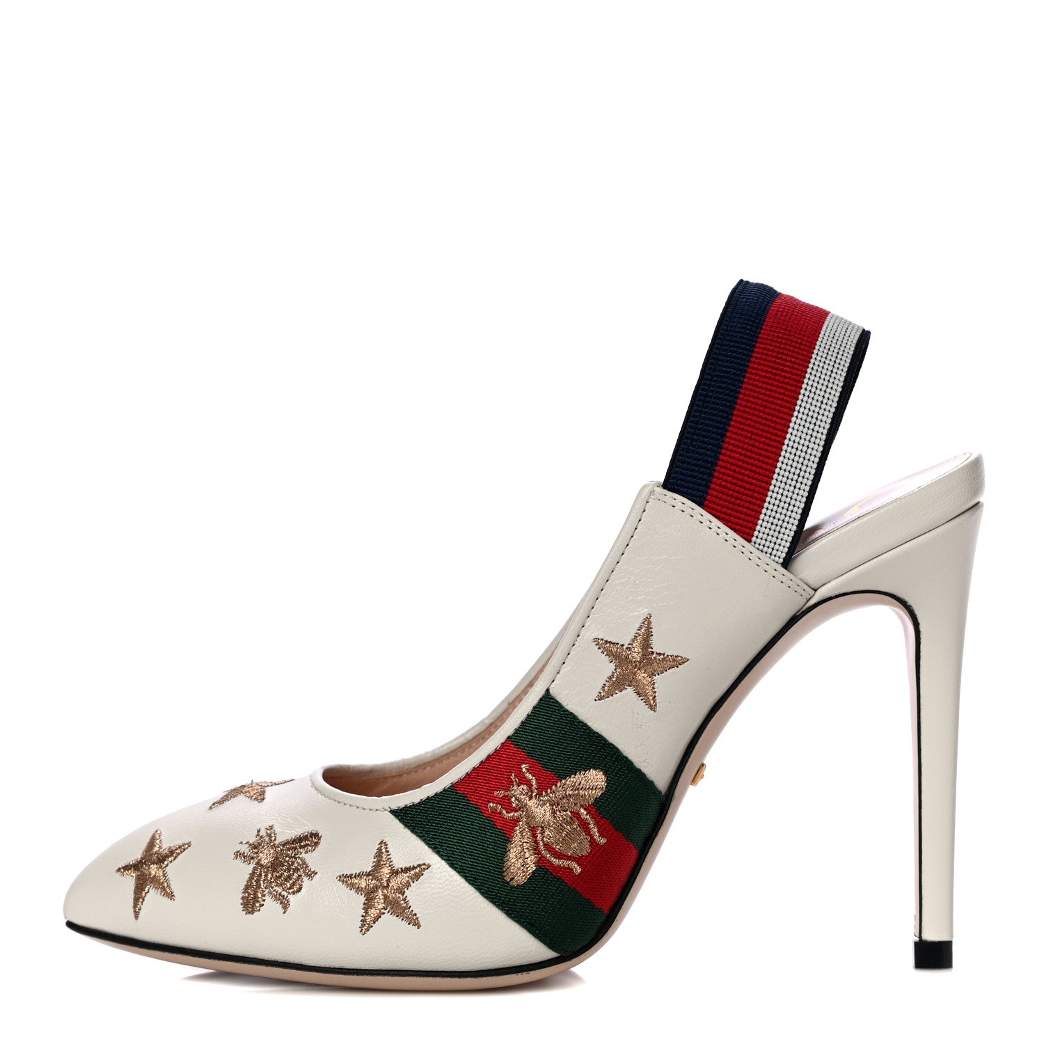 Gucci Malaga Kid Web Bee Star Embroidered Sylvie High Heel Slingback Pumps 35 White 1 of 14