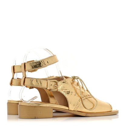 Chanel Metallic Calfskin CC Brogue Lace Up Ankle Strap Oxford Peep Toe Sandals 37 Gold 4 of 12