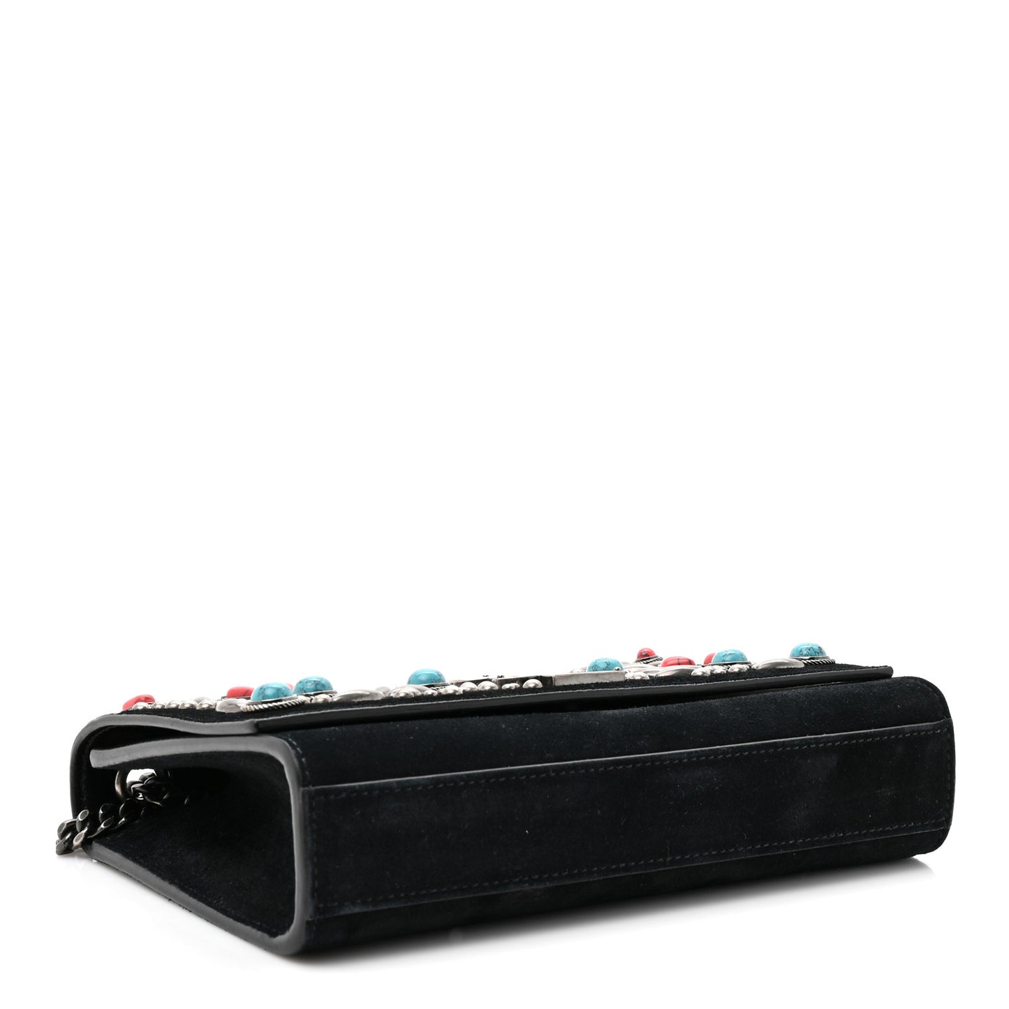Suede Small Monogram Stone Studded Kate Satchel Black Turquoise Coral