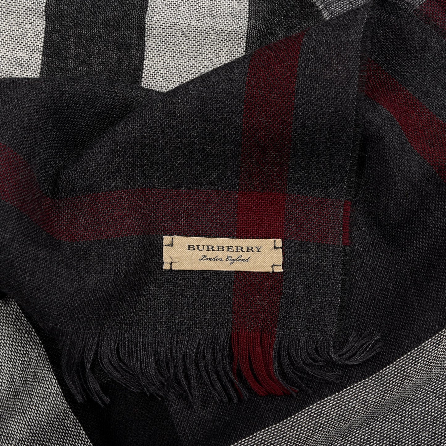 Wool Cashmere Tonal Lightweight Check Scarf Charcoal