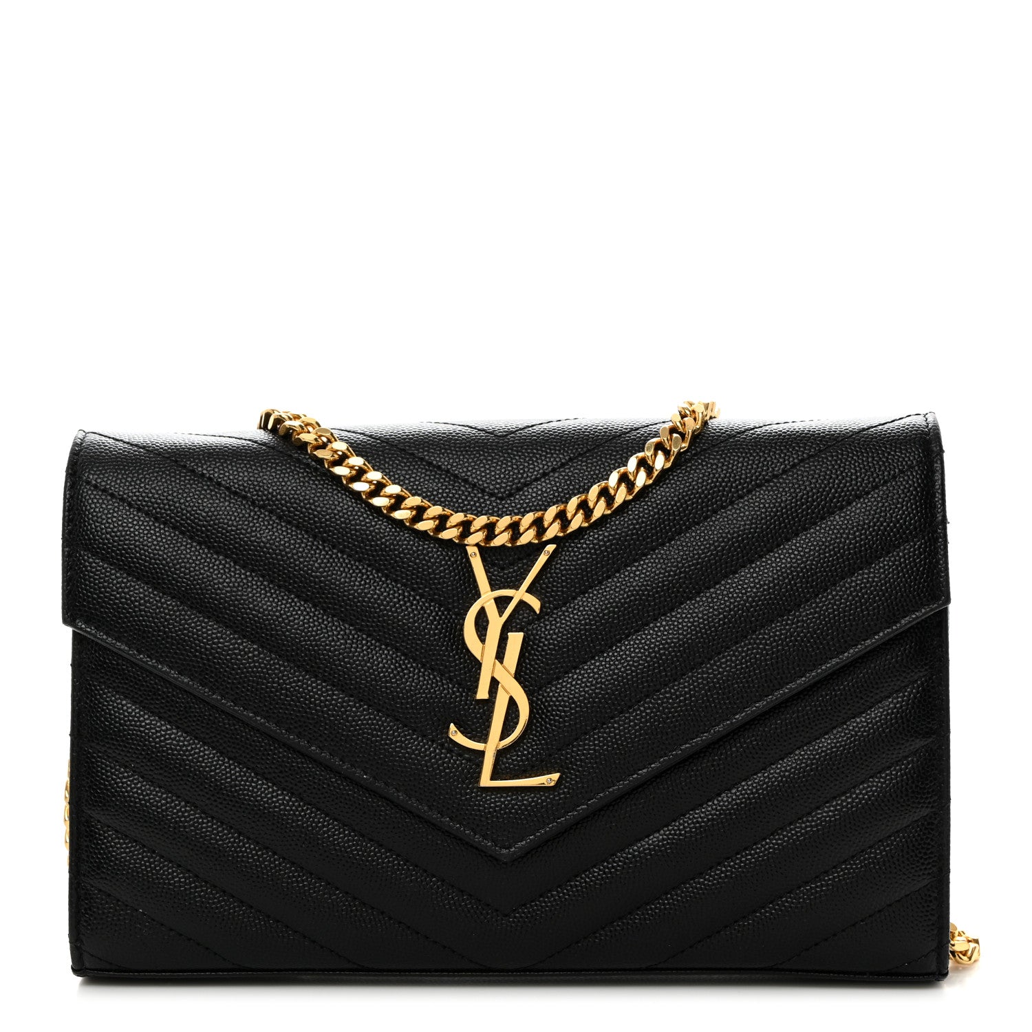 Saint Laurent Grain De Poudre Matelasse Chevron Monogram Chain Wallet Black 1 of 10