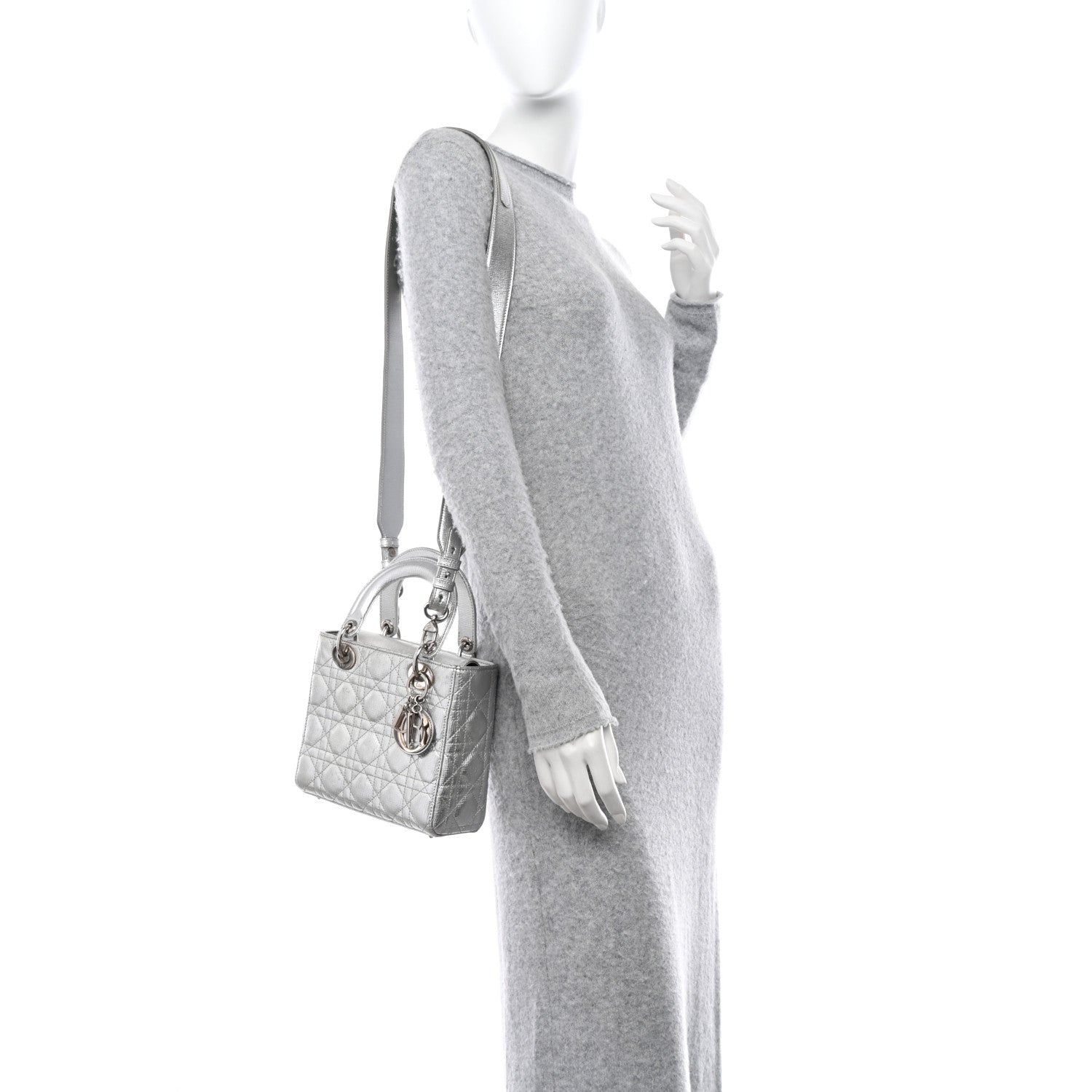 Christian Dior CHRISTIAN DIOR Metallic Grained Calfskin Cannage Small Lucky Badges My Lady Dior Silver 2 of 14