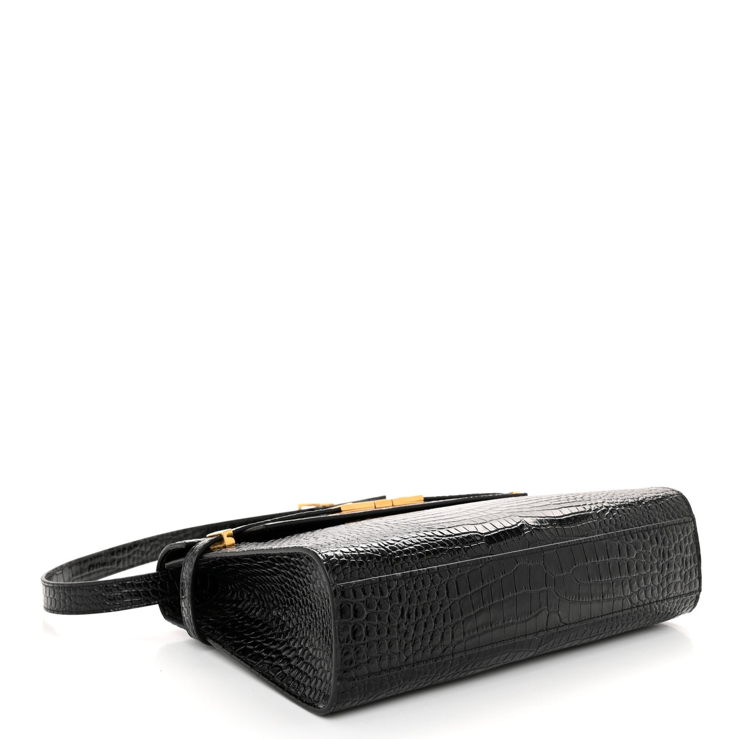 Shiny Calfskin Crocodile Embossed Manhattan Baguette Black