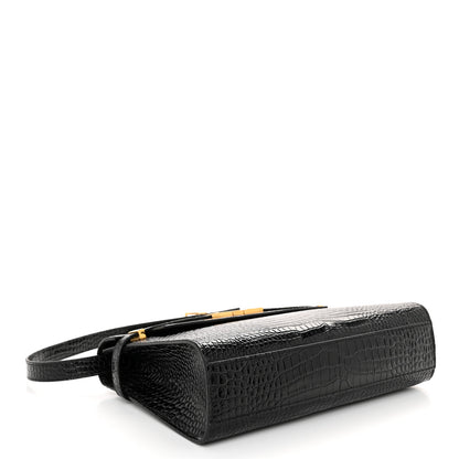 Saint Laurent Shiny Calfskin Crocodile Embossed Manhattan Baguette Black 4 of 9