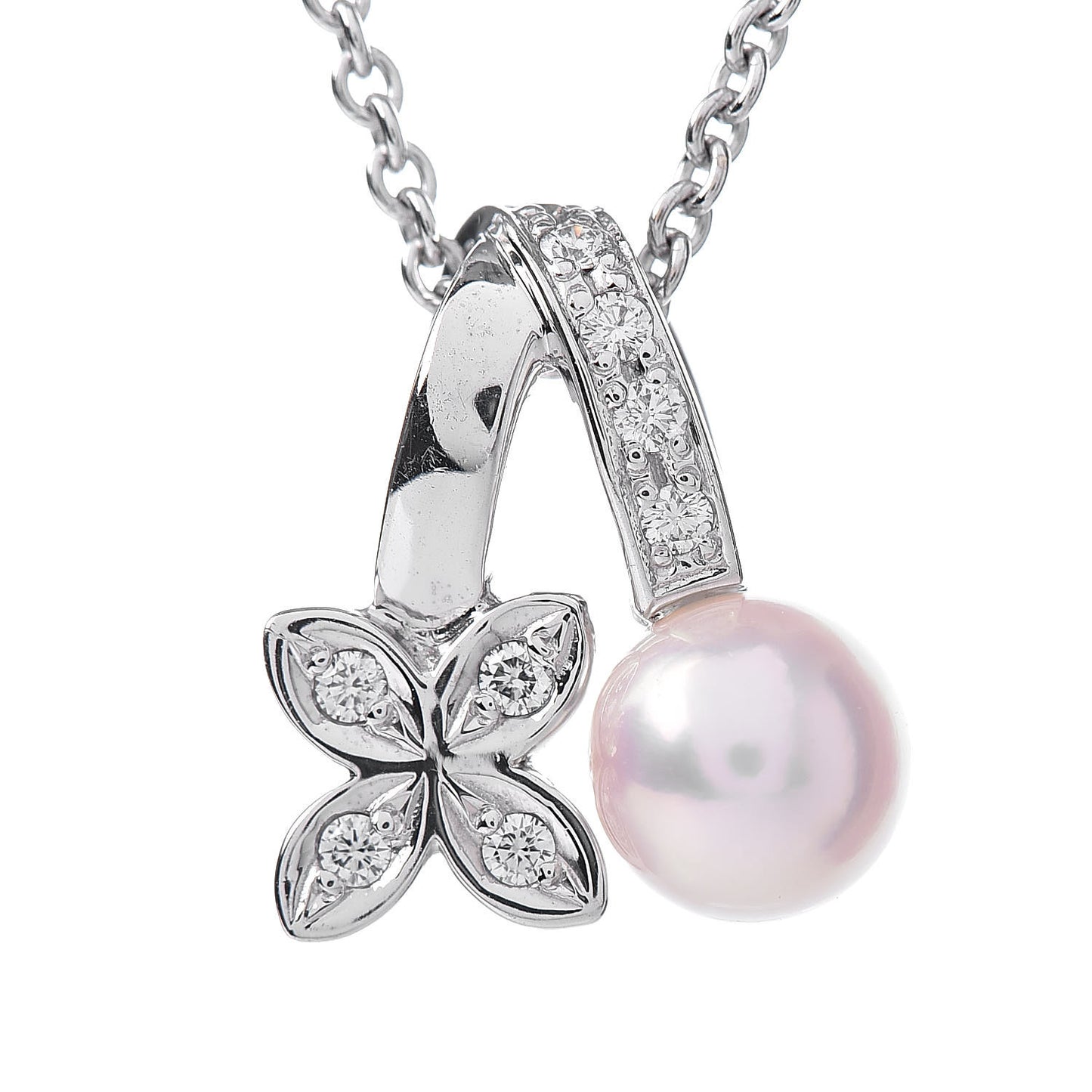 18K White Gold Diamond Akoya Pearl 5.5mm Flower Pendant Necklace