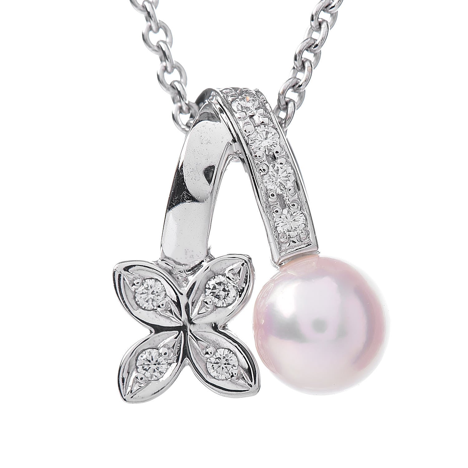 Mikimoto 18K White Gold Diamond Akoya Pearl 5.5mm Flower Pendant Necklace 5 of 7