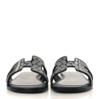Hermes Calfskin Brode Oran Sandals 36.5 Black Argent 2 of 8