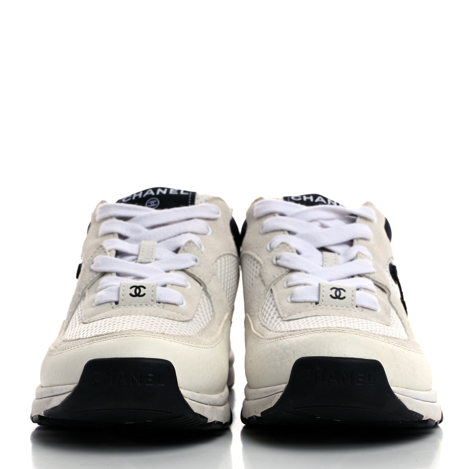 Chanel Mesh Suede Calfskin Grained Calfskin Womens CC Sneakers 37 White Black 2 of 9