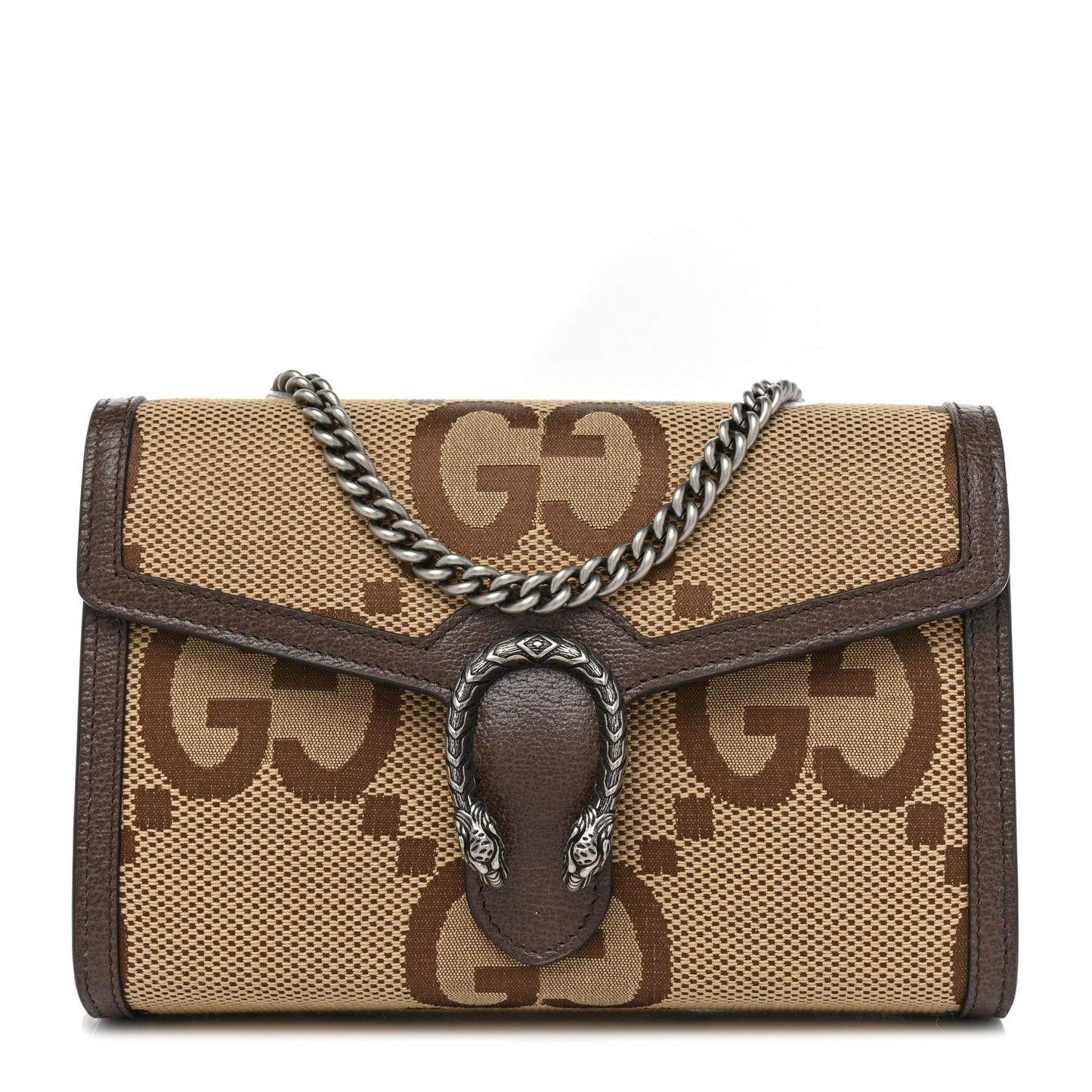 Monogram Jumbo GG Textured Dollar Calfskin Mini Dionysus Chain Wallet Camel Ebony New Acero