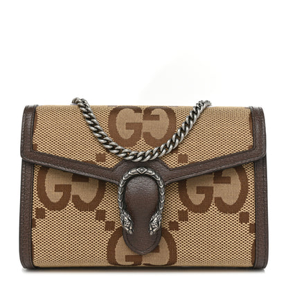 Gucci Monogram Jumbo GG Textured Dollar Calfskin Mini Dionysus Chain Wallet Camel Ebony New Acero 1 of 11