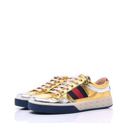 Gucci Metallic Nappa Web Mens Low Top Sneakers 8.5 Argento Oro Vecchio 3 of 12