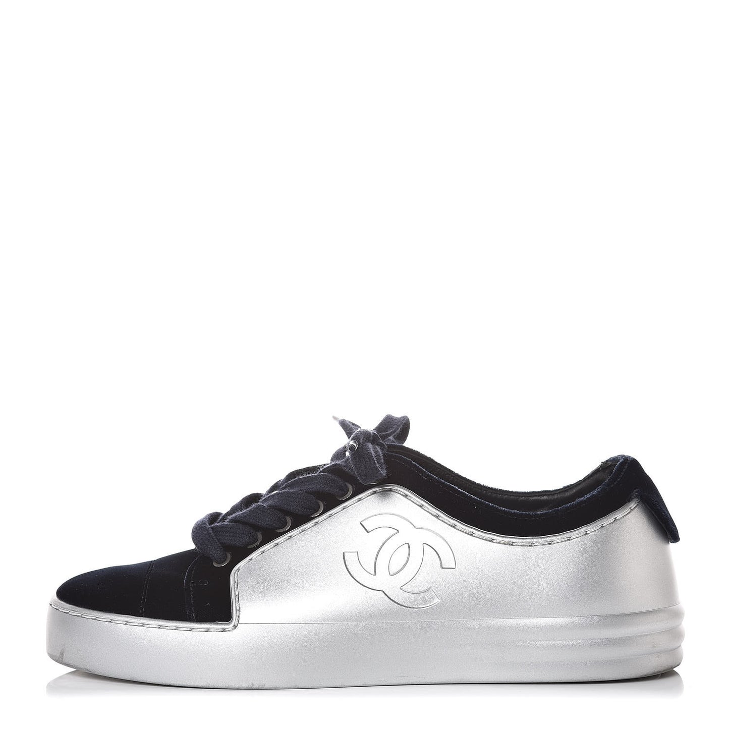 Calfskin Velvet Womens CC Sneakers 35 Silver Blue