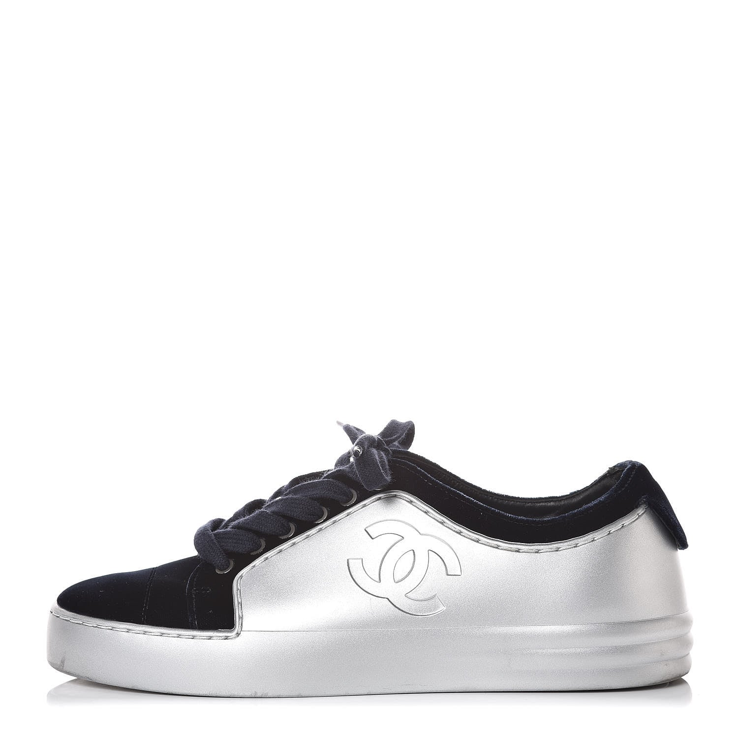 Chanel Calfskin Velvet Womens CC Sneakers 35 Silver Blue 1 of 11