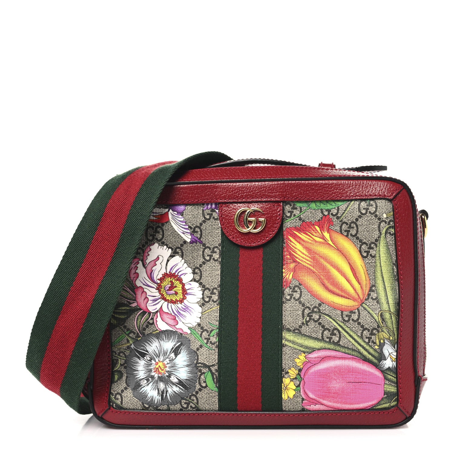 Gucci GG Supreme Monogram Flora Web Small Ophidia Top Handle Shoulder Bag Hibiscus Red 1 of 10