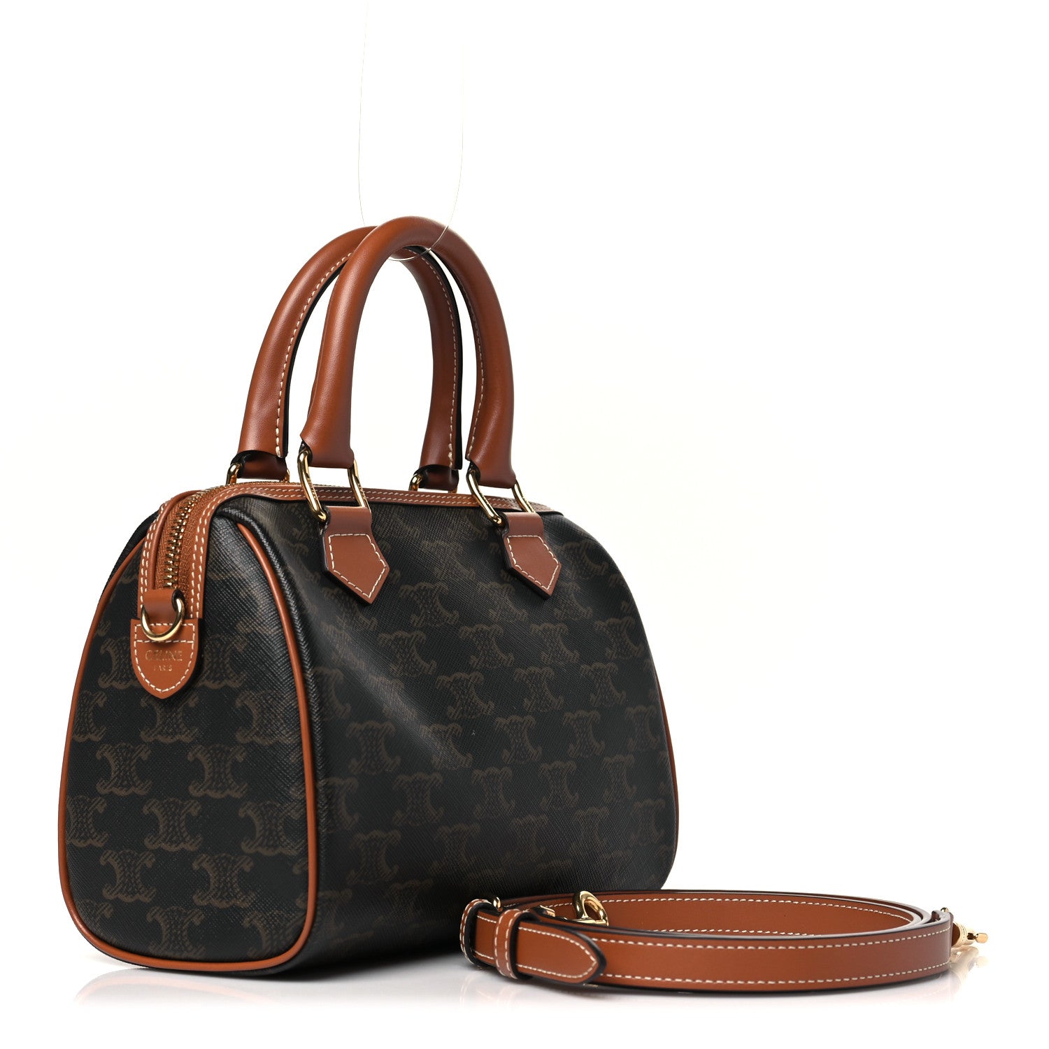 Celine Triomphe Canvas Calfskin Small Boston Bag Tan 3 of 9