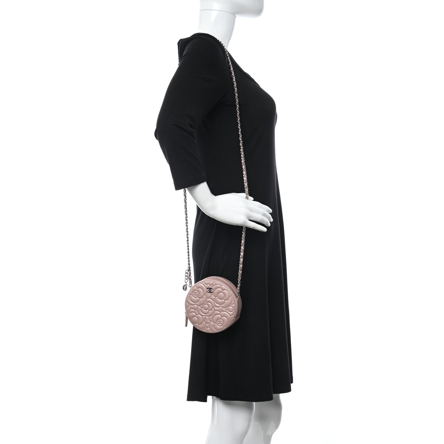 Goatskin Camellia Quilted Round Clutch With Chain Light Pink