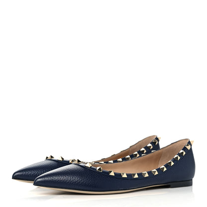 Valentino Garavani Pebbled Calfskin Rockstud Ballerina Flats 38 Marine 3 of 9