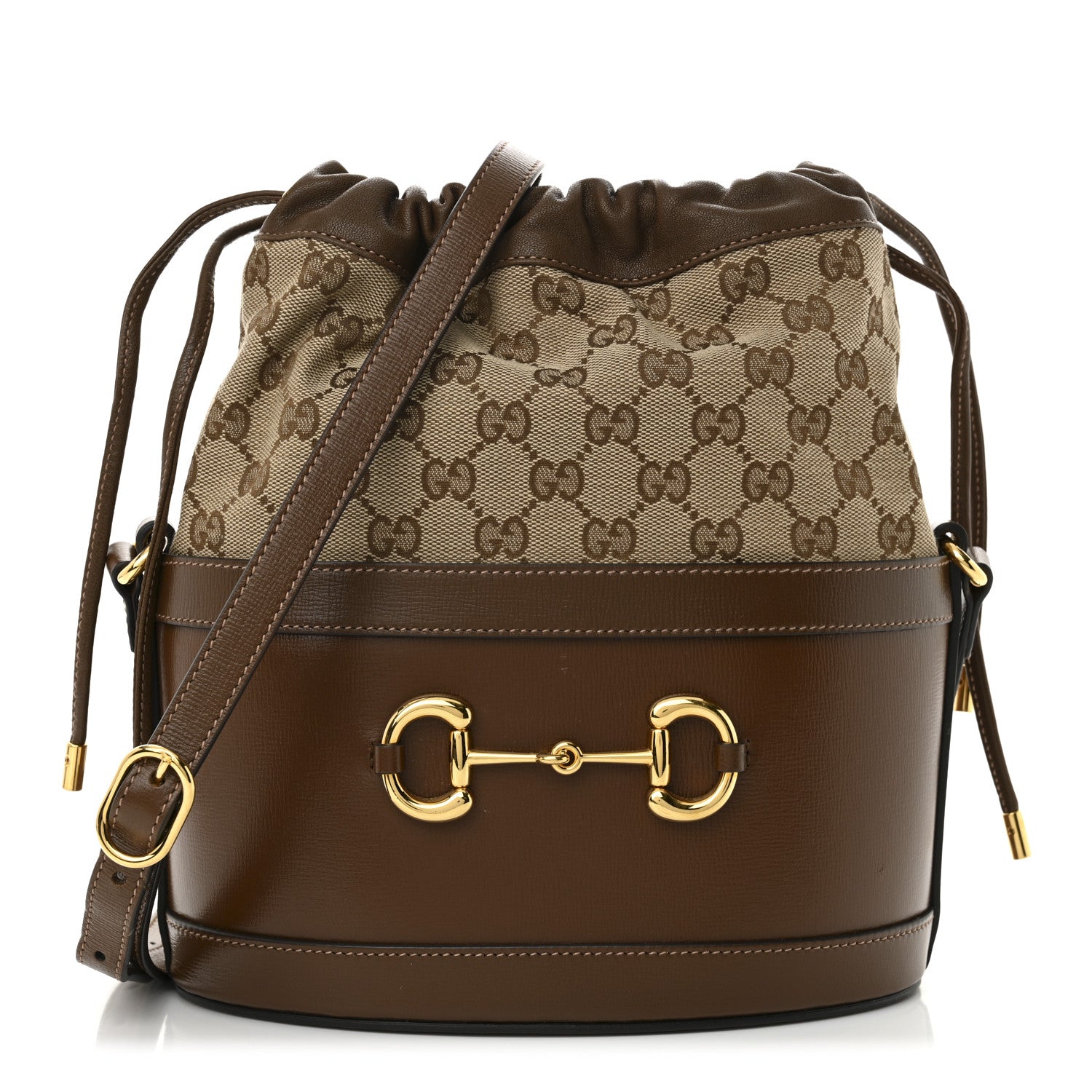 Gucci Monogram Textured Calfskin Horsebit 1955 Drawstring Bucket Bag Beige Brown Sugar 1 of 9