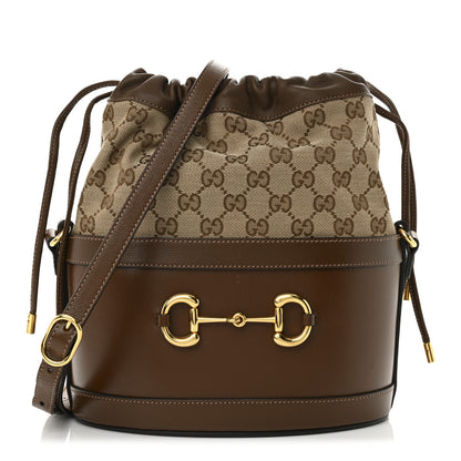 Gucci Monogram Textured Calfskin Horsebit 1955 Drawstring Bucket Bag Beige Brown Sugar 1 of 9