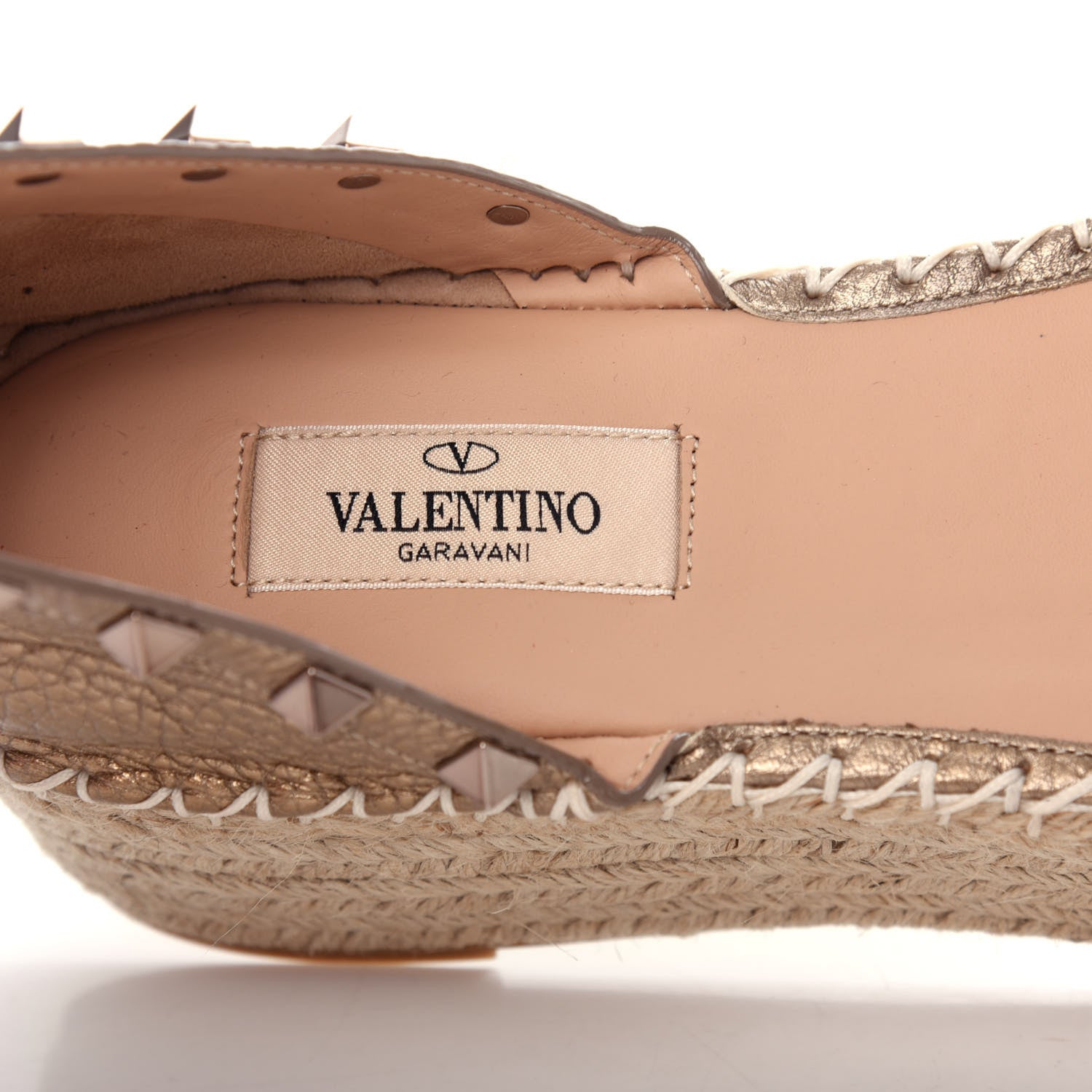 Valentino Garavani Metallic Grained Calfskin Rockstud Ankle Wrap Espadrille Flatform Sandals 41 Skin Natural 9 of 11