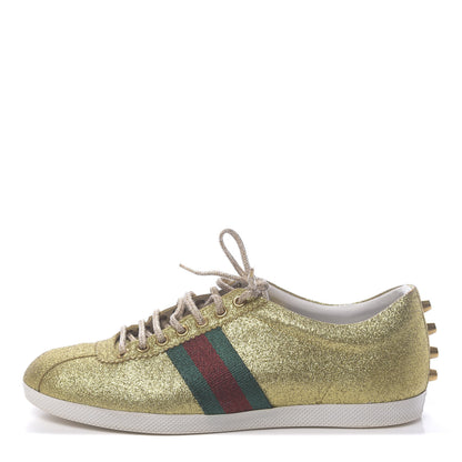 Gucci Metallic Calfskin Studded Mens Bambi Web GG Sneakers 7.5 Gold 1 of 13