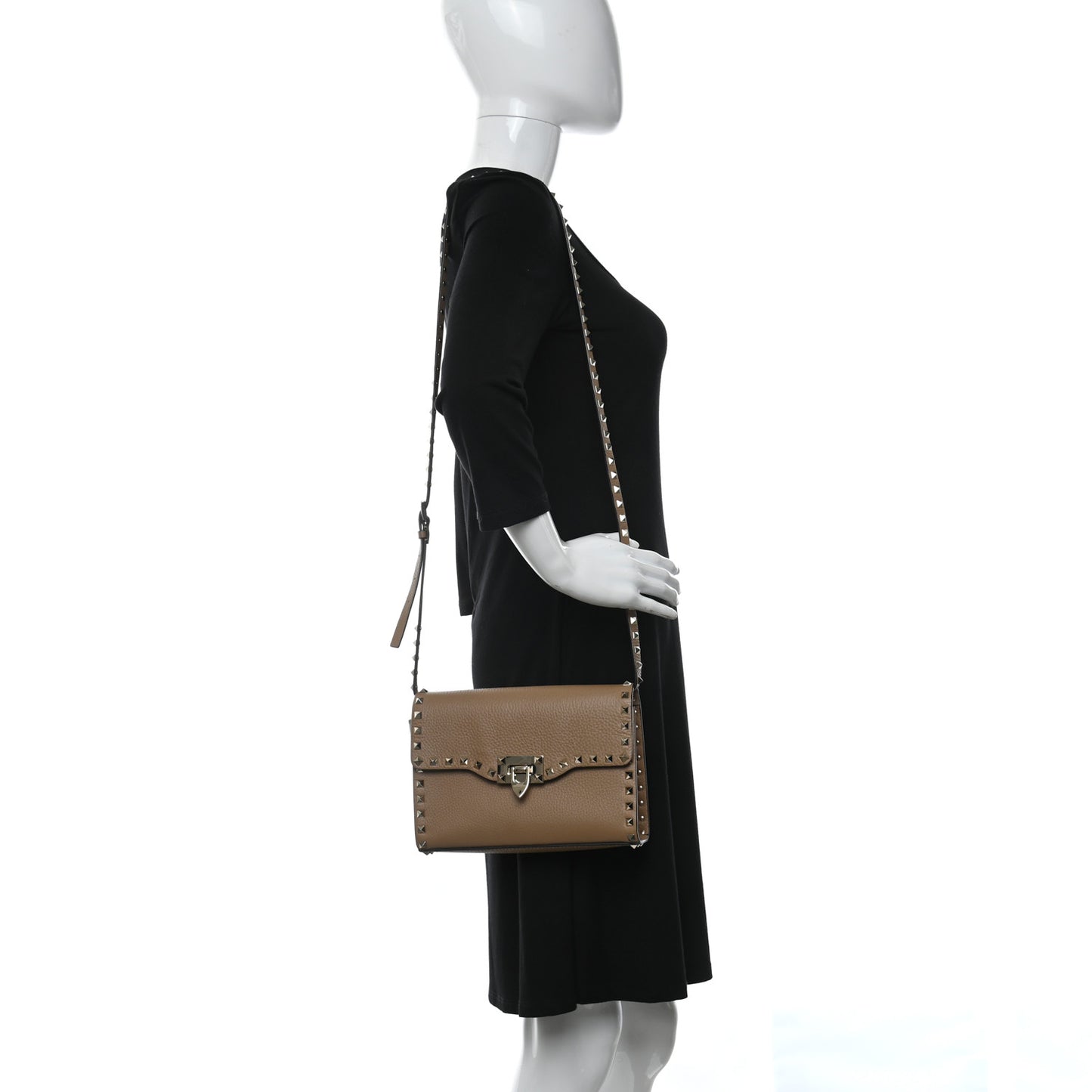 Pebbled Calfskin Medium Rockstud Flip Lock Crossbody Bag Deep Alpaca