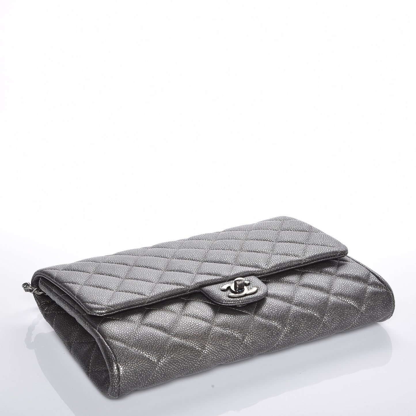 Metallic Caviar Quilted Clutch With Chain Flap Dark Silver
