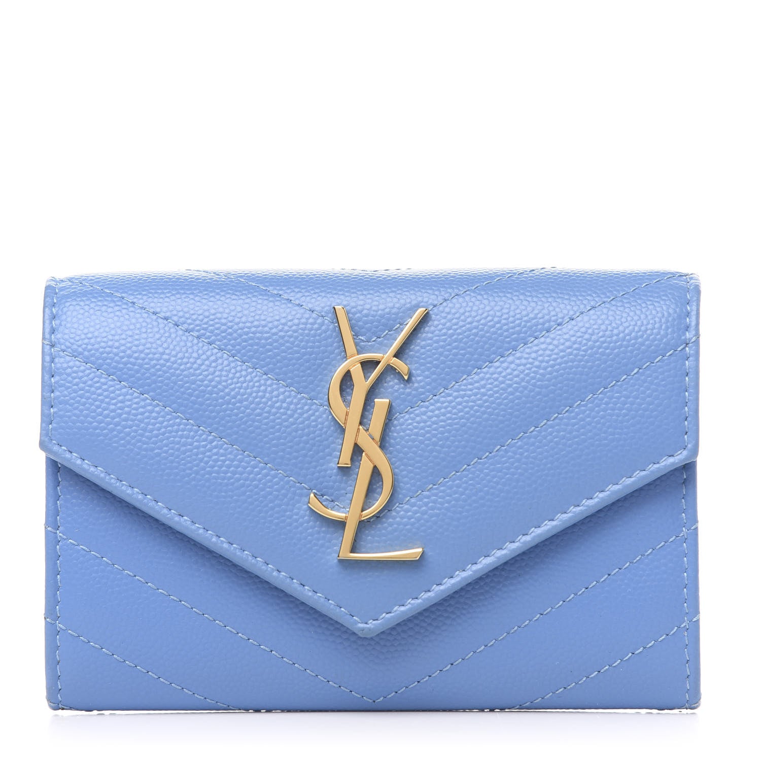 Saint Laurent Grain de Poudre Matelasse Chevron Small Monogram Wallet Blue Clair 1 of 12