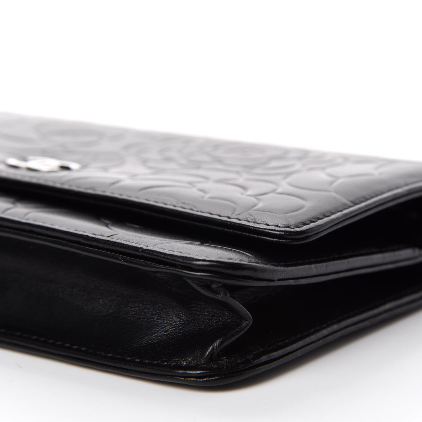 Lambskin Camellia Embossed Wallet on Chain WOC Black