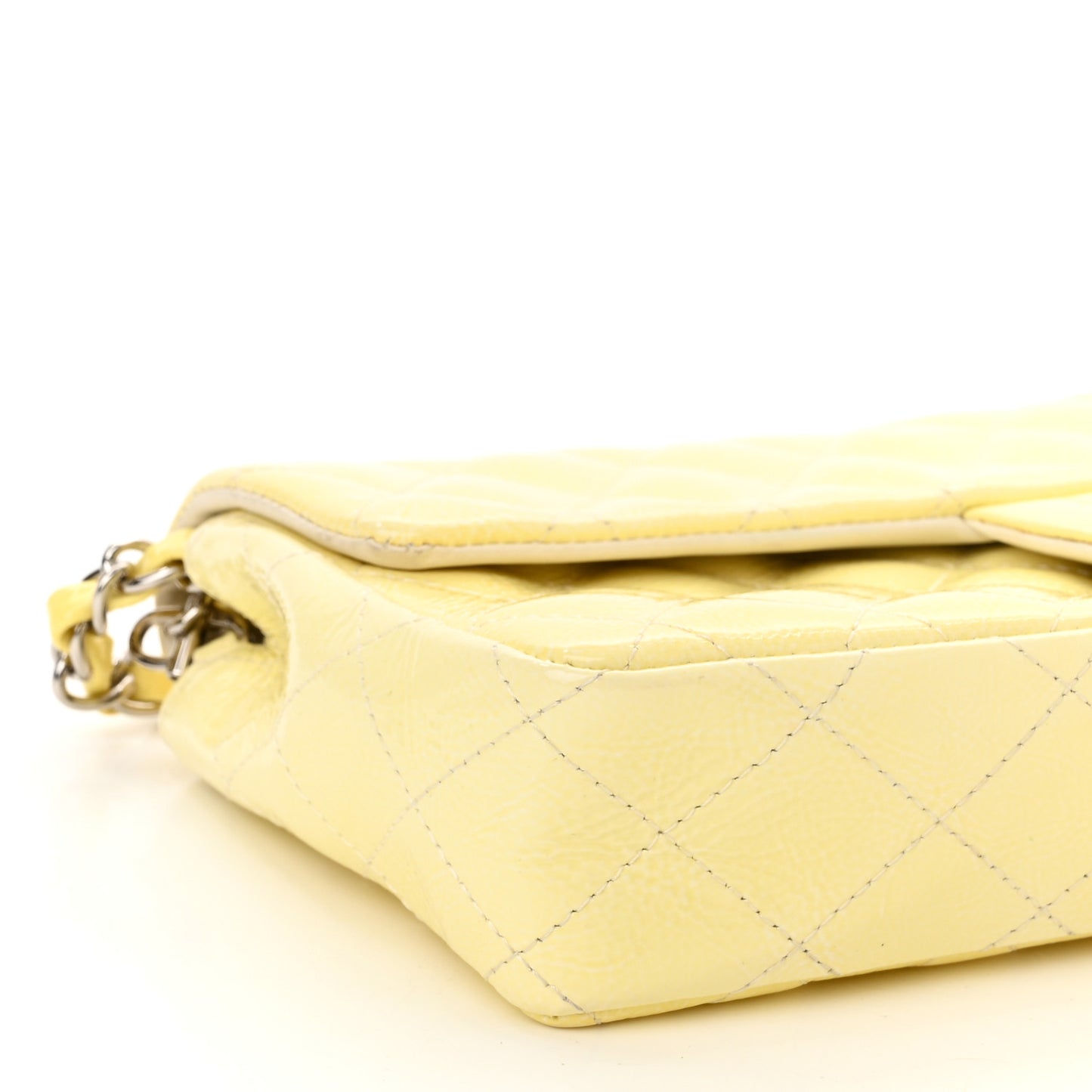 Distressed Patent Calfskin Quilted East West Flap Clutch Ivory