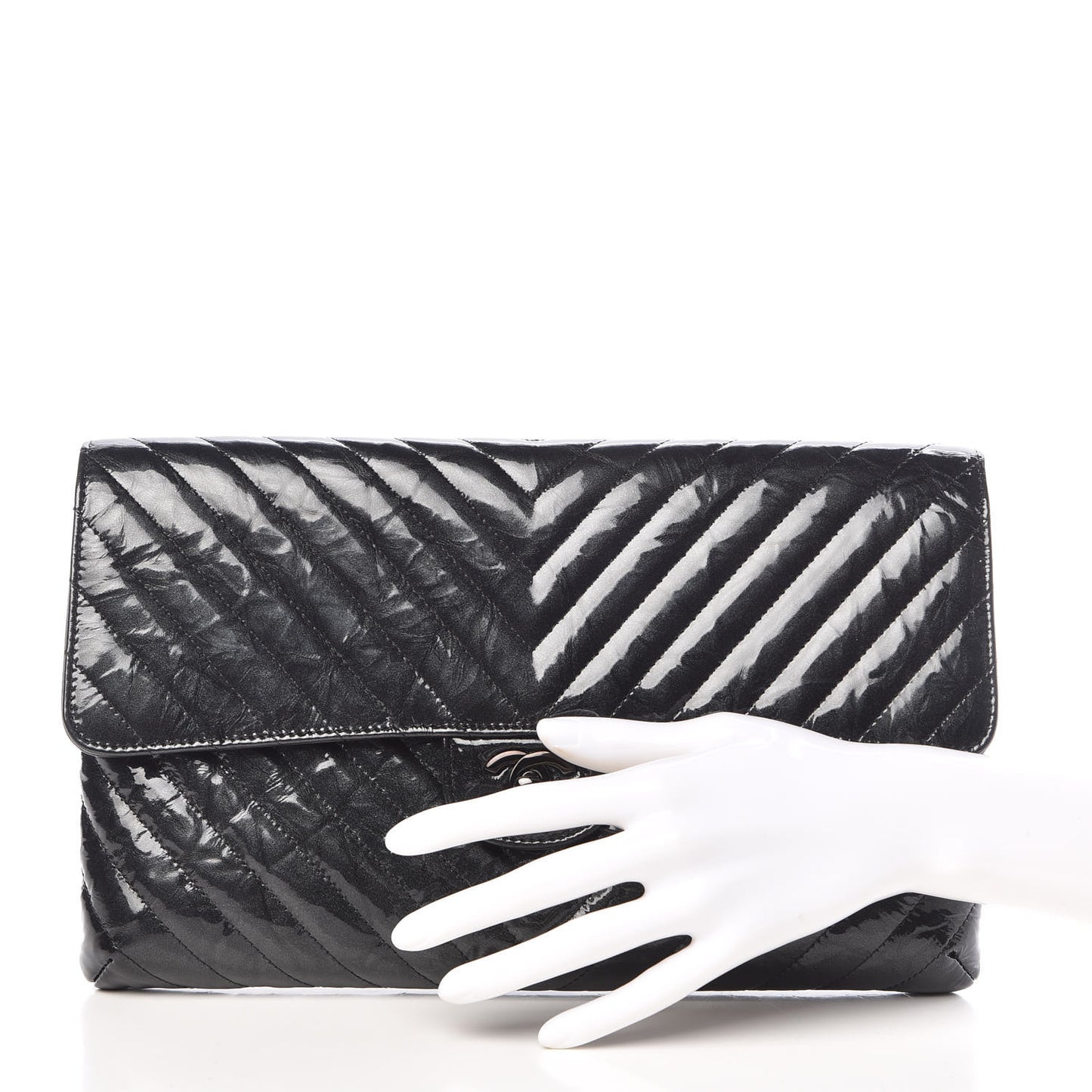 Patent Metallic Crumpled Calfskin Chevron Quilted Envelope Clutch Black
