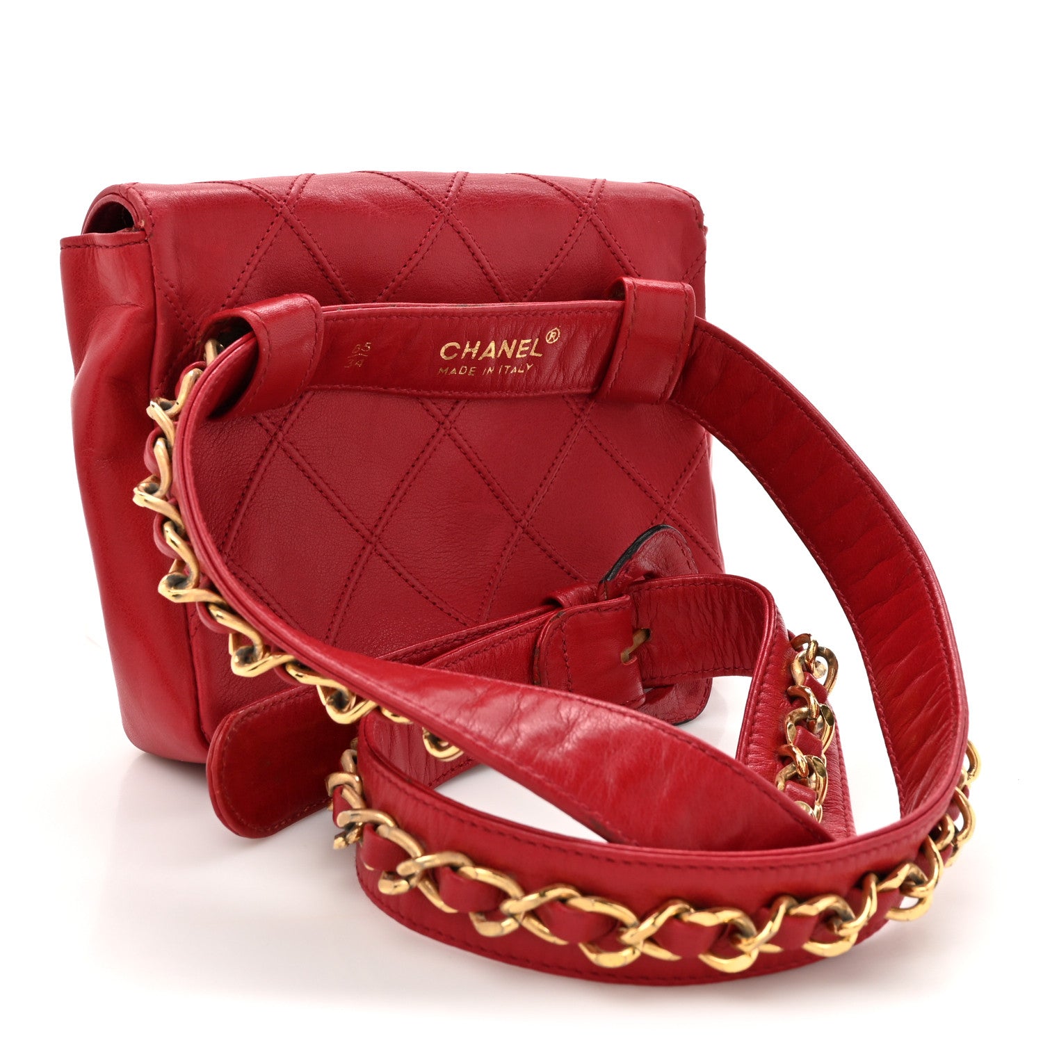Chanel Lambskin Diamond Stitched Waist Chain Belt Flap Bag  85 34 Red 3 of 14