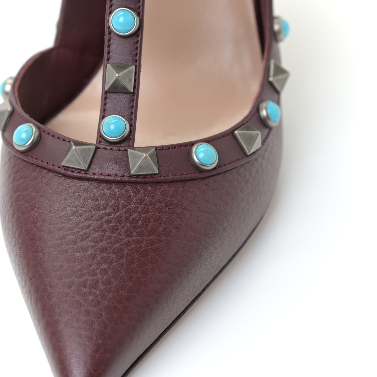 Valentino Garavani Pebbled Calfskin Turquoise Rockstud Rolling Ankle Strap 100mm Pumps 37.5 Rubin 11 of 12