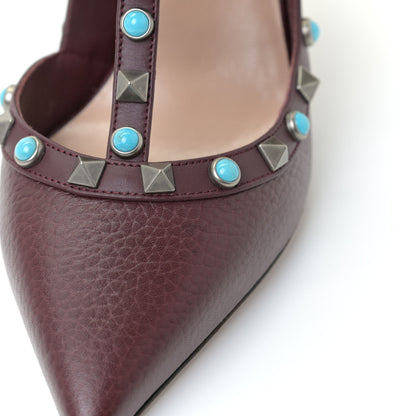 Valentino Garavani Pebbled Calfskin Turquoise Rockstud Rolling Ankle Strap 100mm Pumps 37.5 Rubin 11 of 12