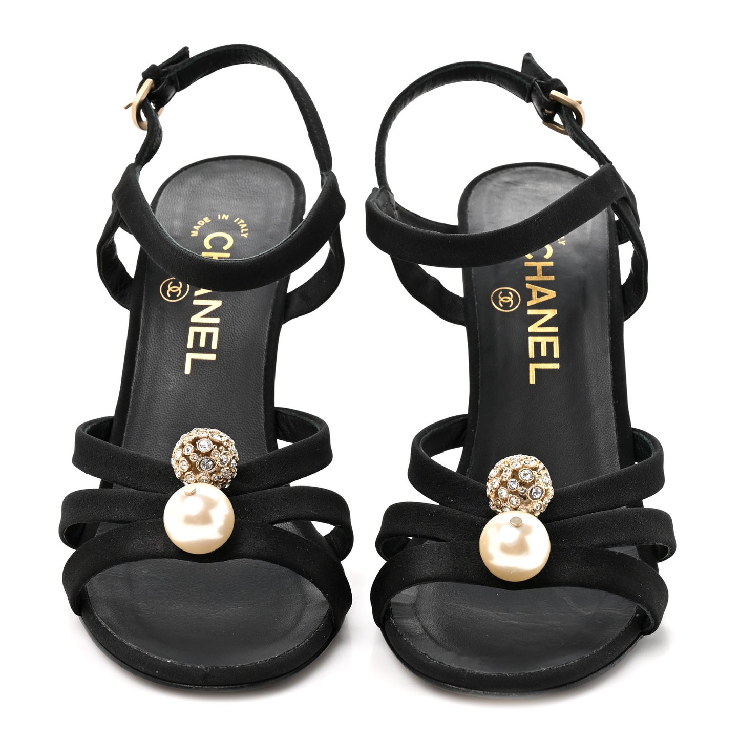 Satin Pearl Crystal Sandals 37 Black