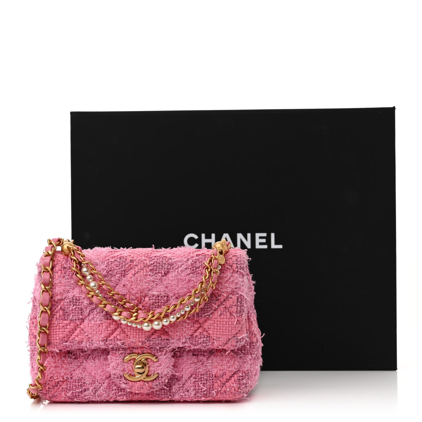 Tweed Quilted Pearl Twist Mini Square Flap Pink Dark Pink