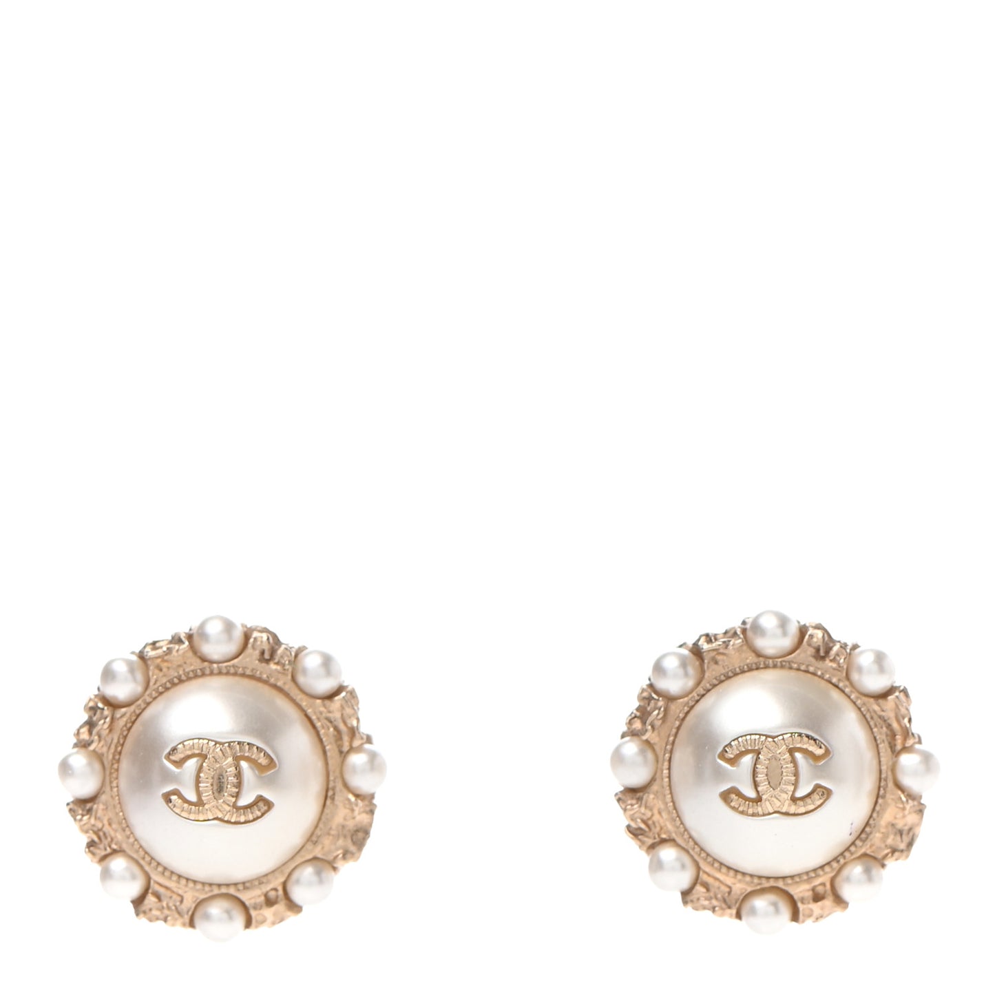 Metal Pearl CC Round Earrings Gold
