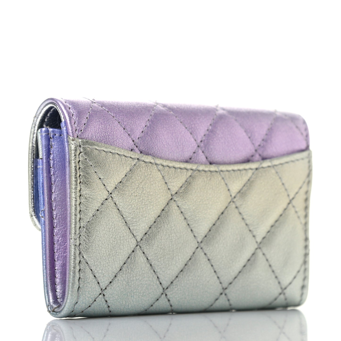 Gradient Metallic Calfskin Quilted Flap Card Holder Wallet Silver Blue Yellow Purple