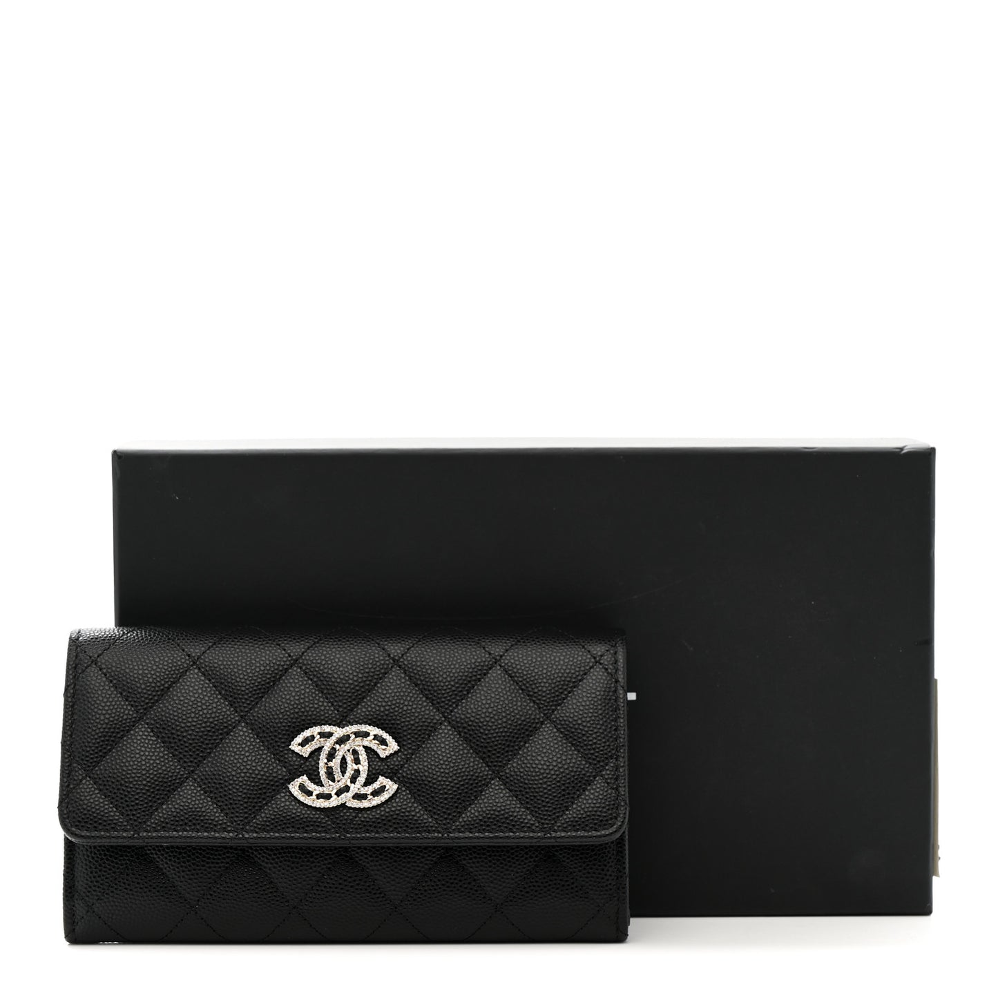 Caviar Quilted Crystal CC Large Gusset Flap Wallet Black