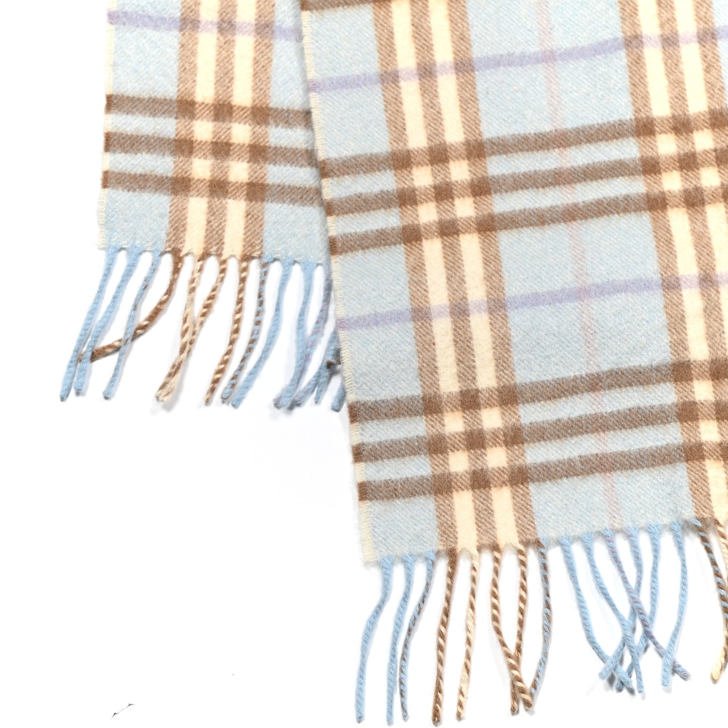 Cashmere Wool Check Fringe Scarf Light Blue