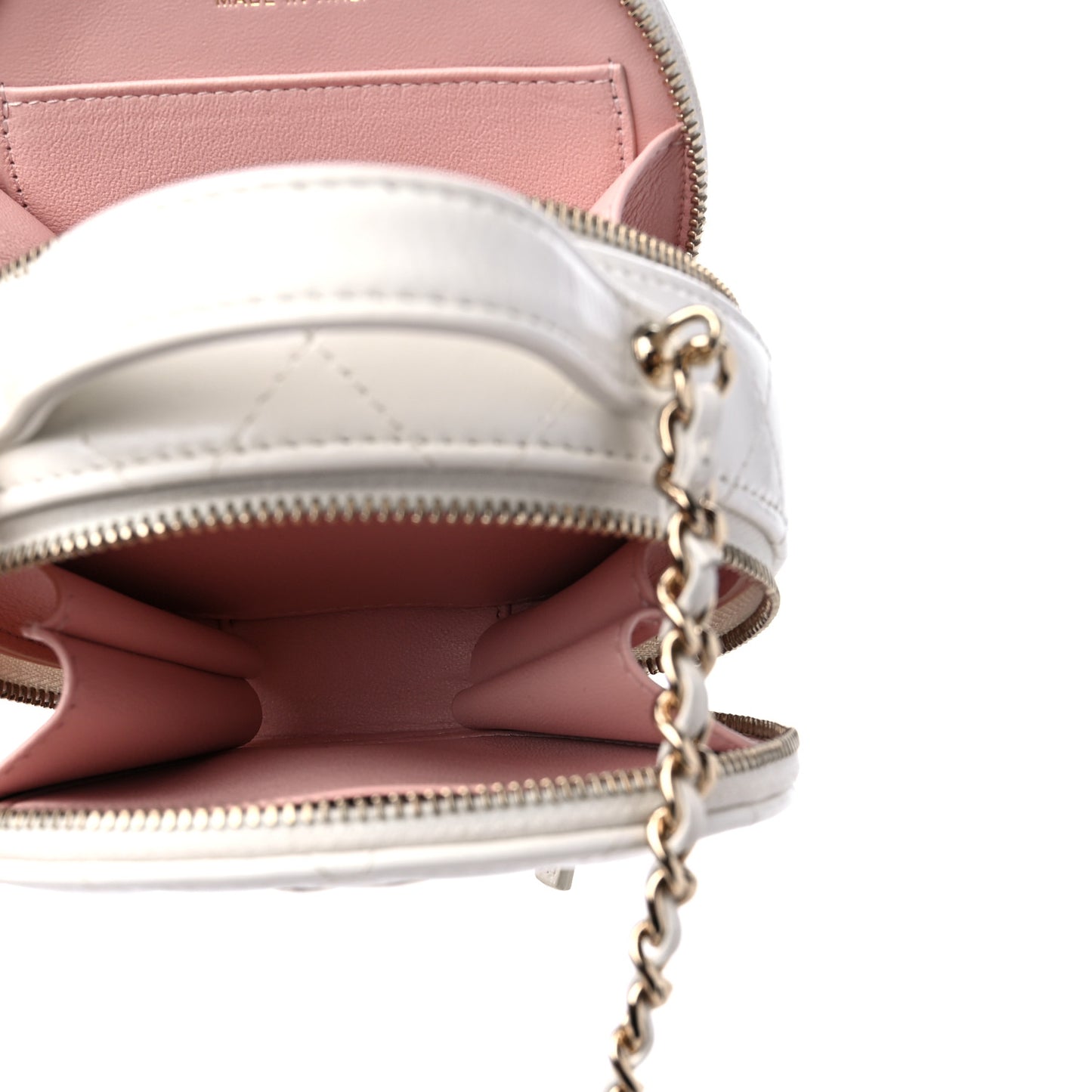 Lambskin Quilted Round Handle With Care Vanity With Chain White