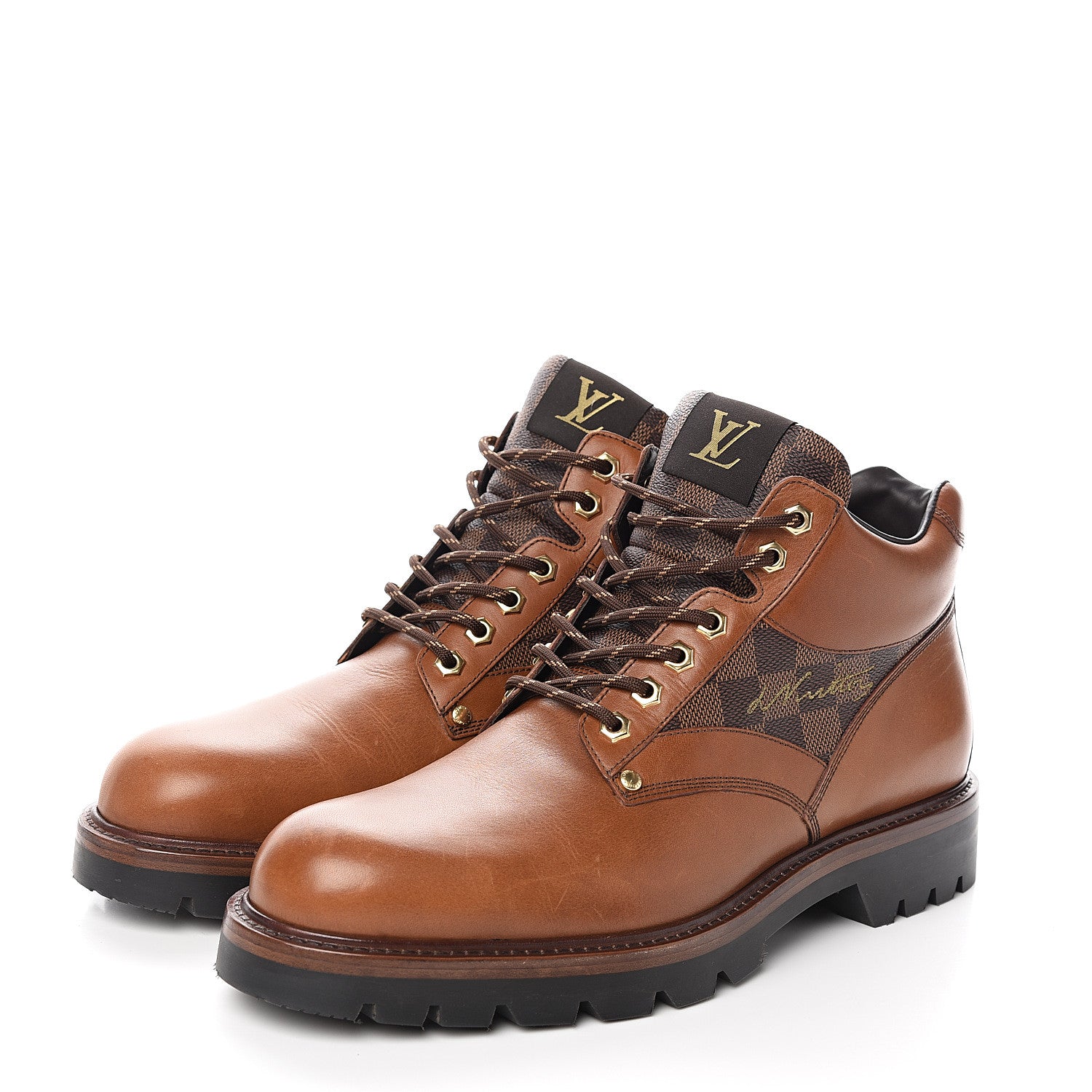 Louis Vuitton Calfskin Damier Ebene Oberkampf Ankle Boots 9 Cognac 3 of 8
