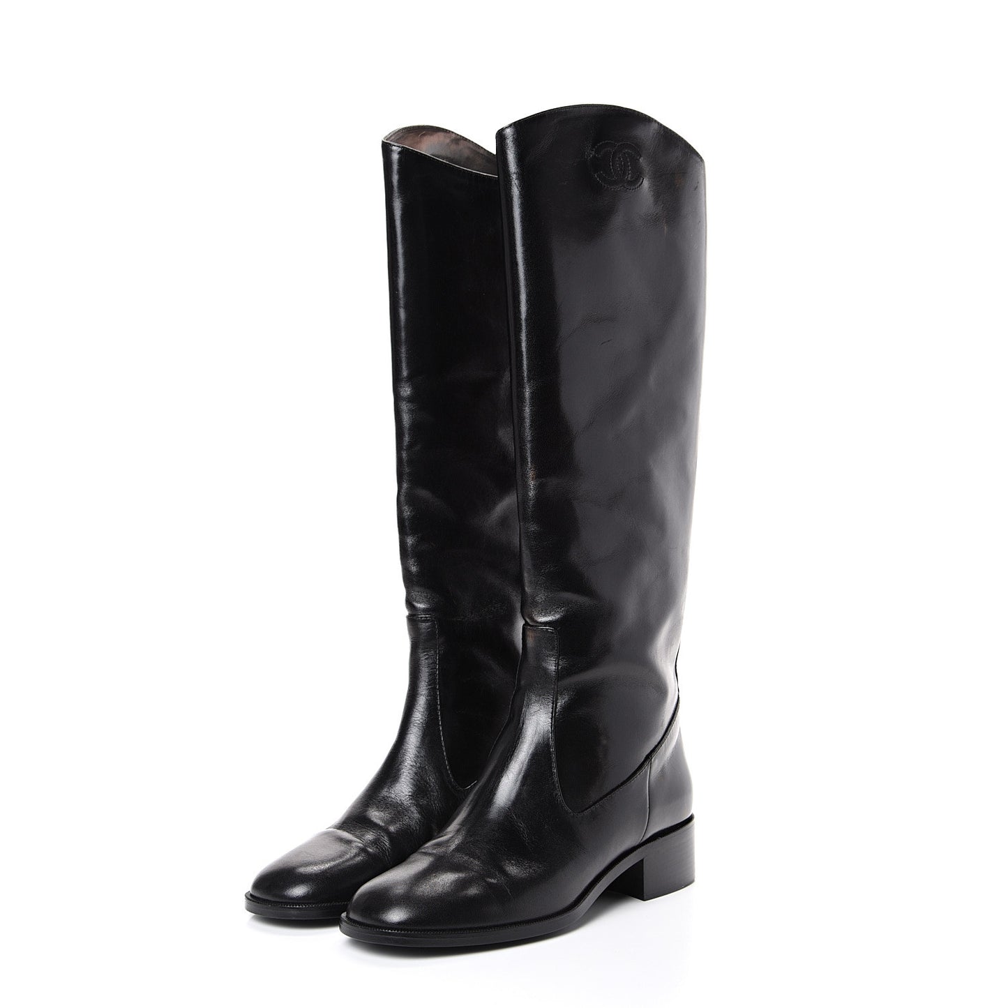 Glazed Calfskin CC High Boots 37 Black