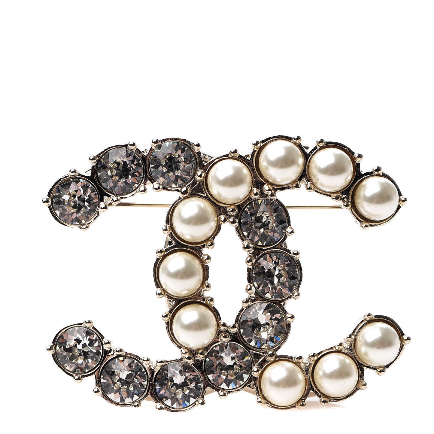 Crystal Pearl CC Dazzling Domino Brooch Gold