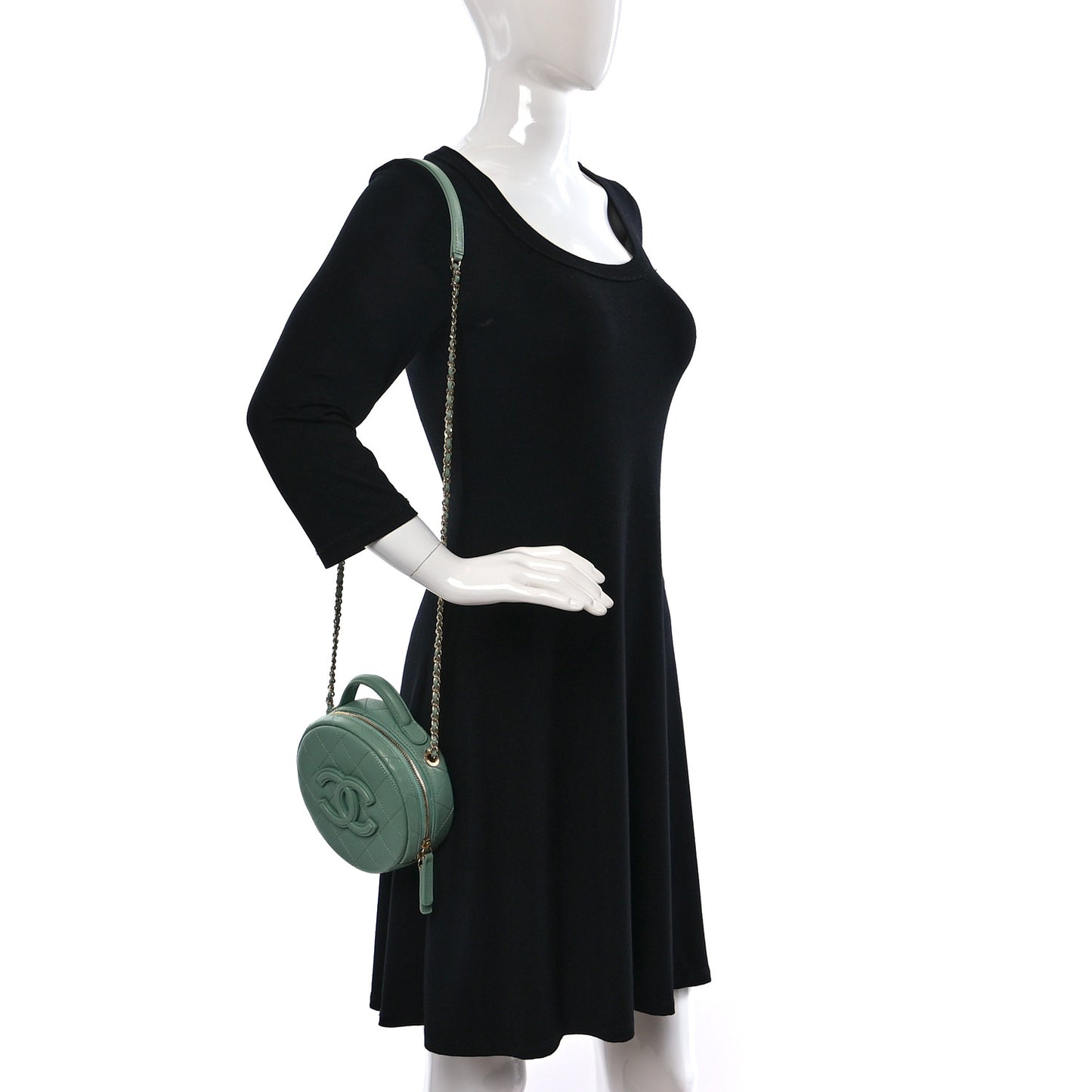 Caviar Quilted Small Round Vanity With Chain Light Green