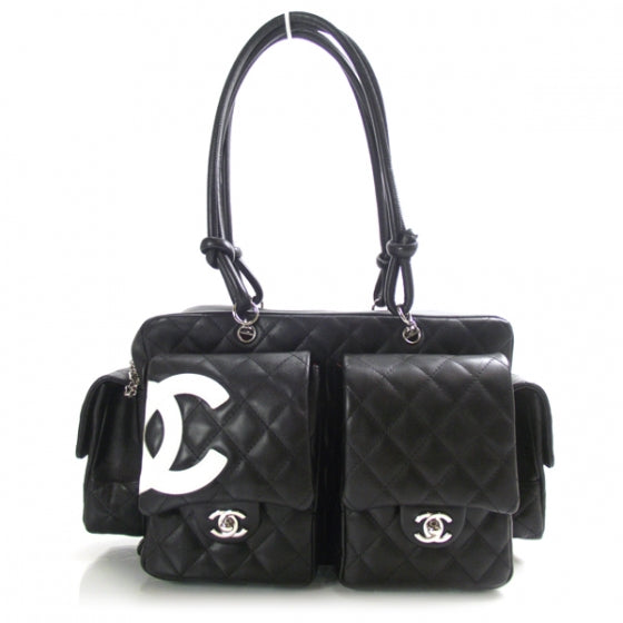 Calfskin Quilted Large Cambon Multipocket Reporter Black White