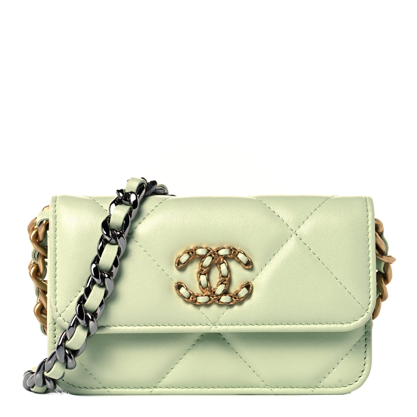 Lambskin Quilted Chanel 19 Clutch With Chain Light Green