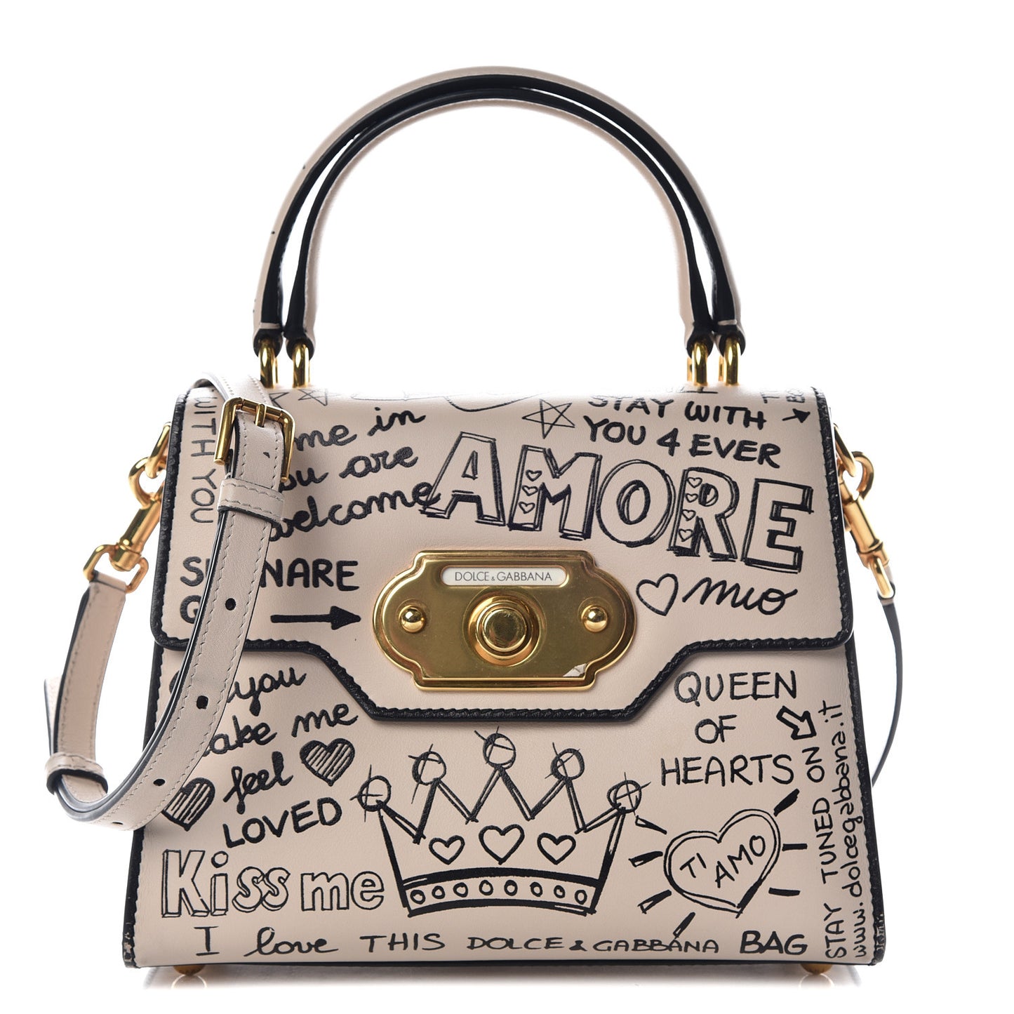 Calfskin Graffiti Printed Welcome Satchel White Black